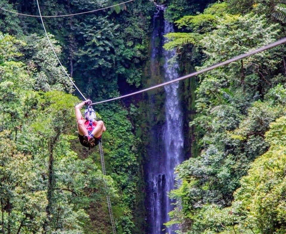 Zipline waterfall view